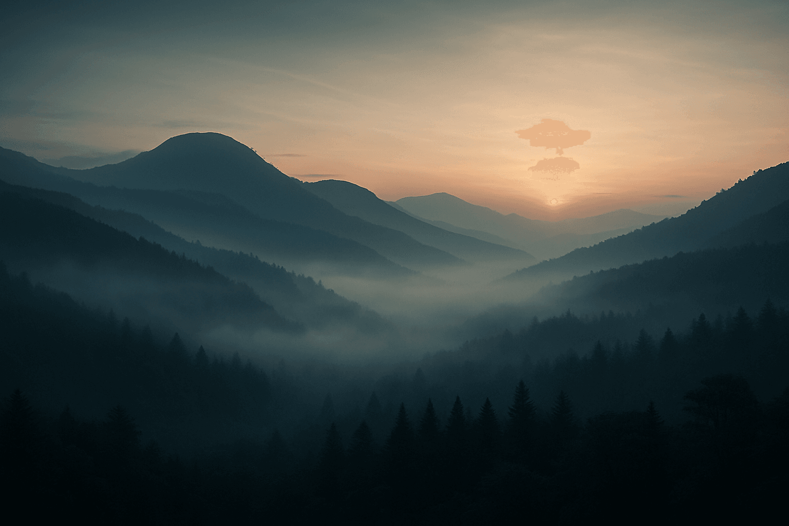 Morning mist rolling over mountain ridges