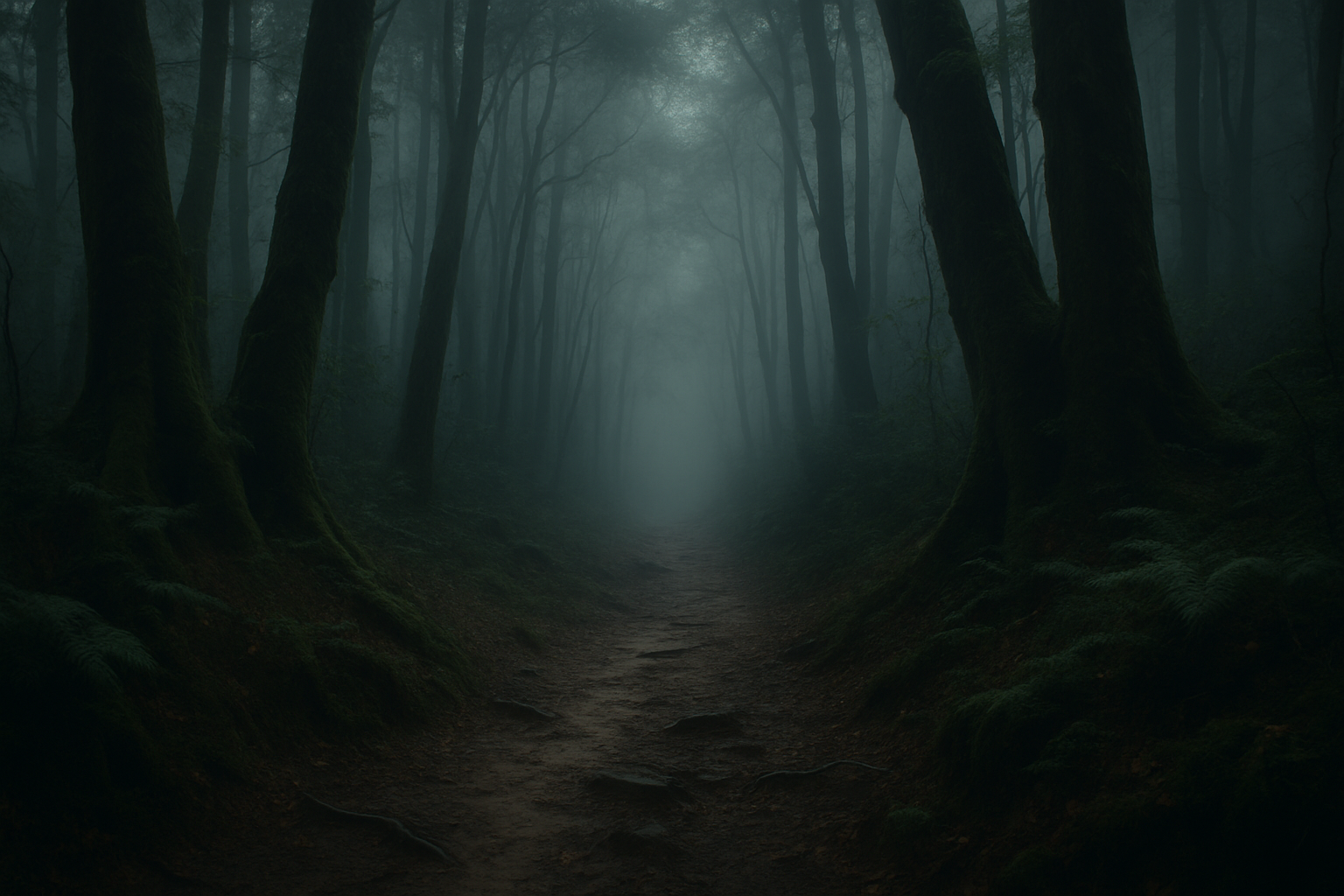 Fog-drenched forest path